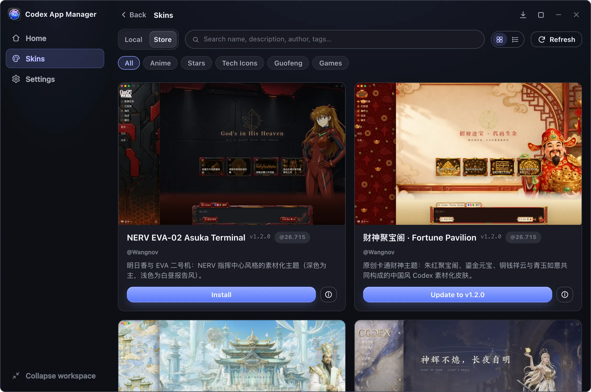 The skin store in Codex App Manager, grouped by theme with one-click install